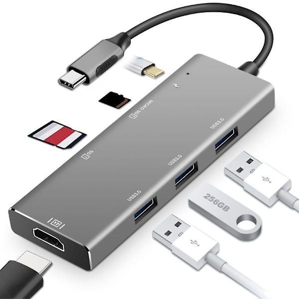 USB Hub 3.0 7-i-1 100W PD Dock Splitter med Kortläsare för Windows, för Mac