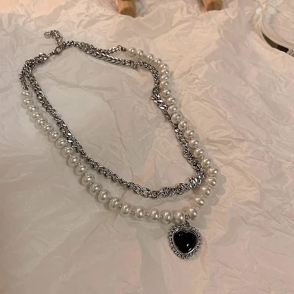 Kvinnors Y2k Estetiska Hjärta Charm Faux Pärla Lagerkedja Halsband Gothic Choker Halsband Smycken Punk Y2k Mode Outfit Retro Fairy Grunge Accessorie