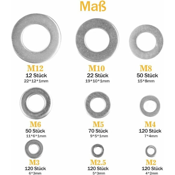 Brickor-684 brickor 9 storlekar av brickor i rostfritt stål och låsbrickor (M2 M2.5 M3 M4 M5 M6 M8 M10 M12) (Silver)
