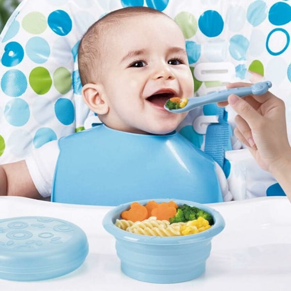 Baby småbørns silikoneskålsæt Lækagesikker selvfodringsskål med låg og ske blå