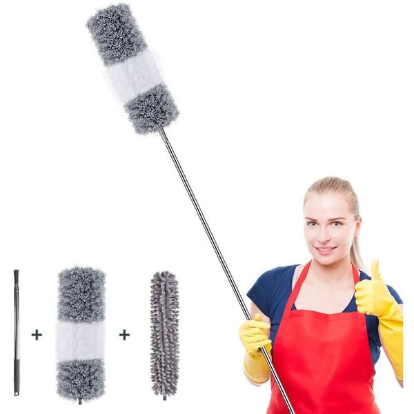 Fjädervippset teleskopiskt set med 2 huvuden mikrofiberdammmopp tvättbar, långt rostfritt stål teleskophandtag 45-257cm