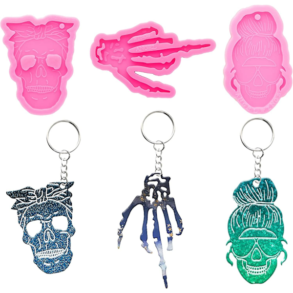43 stk Halloween Silikonforme Kit - Kranie Ansigt Skelet Hånd Kranie Hoved Kvinde Form Nøglering Harpiks Form Chokolade Slik Lerforme Med 10 stk Nøglekæder