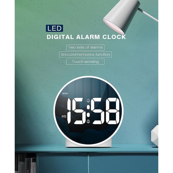Liten digital väckarklocka LED skrivbordsreseelektronisk klocka dubbla larm snooze dimbar daginställning 12/24h veckodisplay 4 tum vit (ingen batteriadapter)