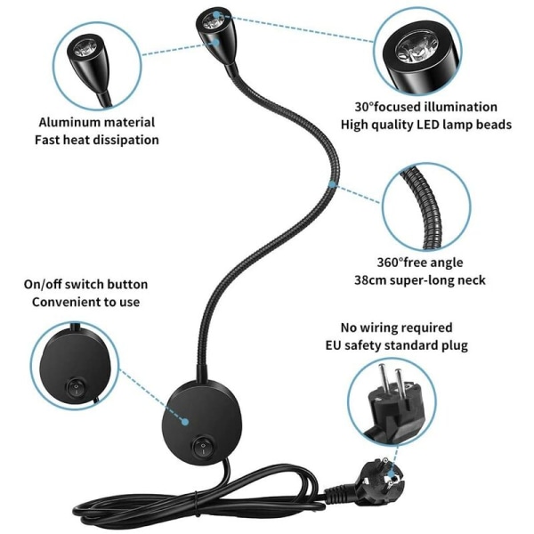 Læselampe, vægmonteret ved siden af aluminiumslamper, varm hvid belysningslampe, 200 lumen / 3000K / 3W, strålevinkel: 30°