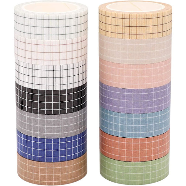 Grid Washi Tape Sæt, 14 Ruller Af 15 Mm Bred Dekorative Farvede Maskeringsbånd Til Scrapbooking, DIY Dekoration Og Håndværk, Bullet Journals, Planlæggere, Junk J