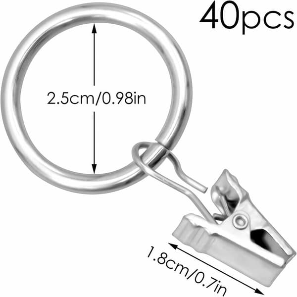 TRIOM 40-pack gardinringar med klämmor metall hängande ringar klämmor ringar 25 mm innerdiameter, silver