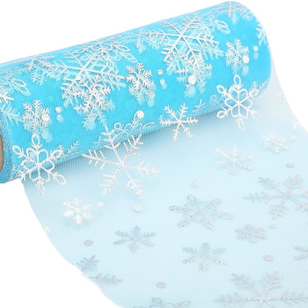 Tyllkaraktär, glitter, snöflinga, printed tyll, julbälte i blått mesh , 15cm*10m