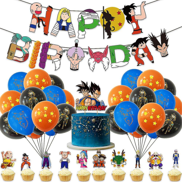 Dragon Ball Tema Fest Dekoration Goku Latex Ballong Papper Pull Flag Tårta Insats Set Barnfödelsedag