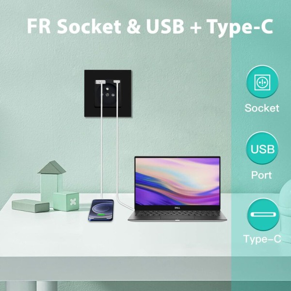 Vägguttag med USB och 1 typ C, svart AC med kristallglaspanel, power med USB (max 2,1A), lämplig för smartphone, surfplatta