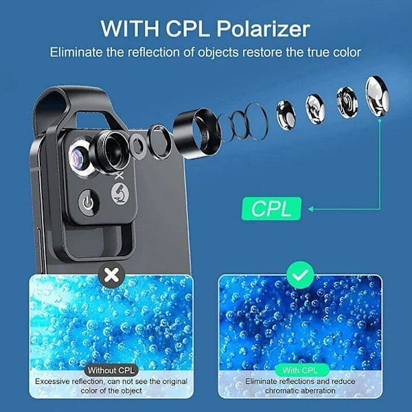 200X mobiltelefonmikroskoptillbehör, med CPL-lins, bärbar mini digitalt mikroskop, med LED-lampa/universell klämma 1 styck
