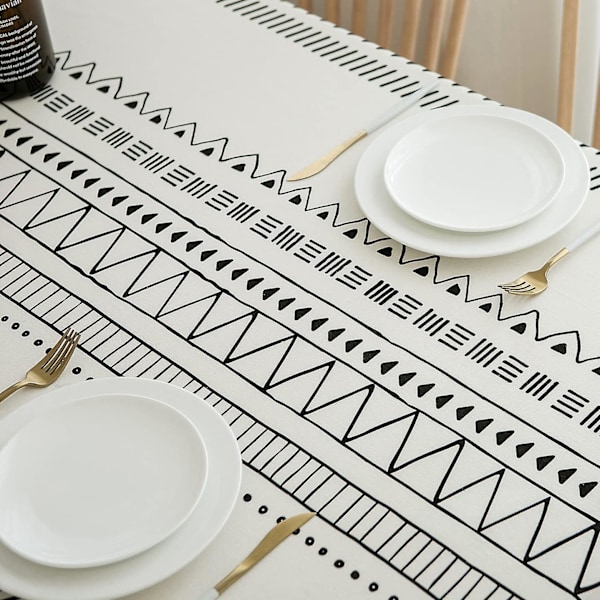 Bomullslinne Duksar Tunga Tyg Boho Bordsskydd Bordsskiva Duk För Lanthus Kaffe Kök Picknick Vit Svart (Rektangel/Lång, 55\" X