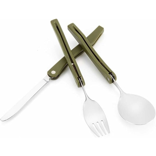 3 stk. - Rustfrit stål sammenklappeligt bestik til camping, picnic, knive, gafler, skeer (Army Green)