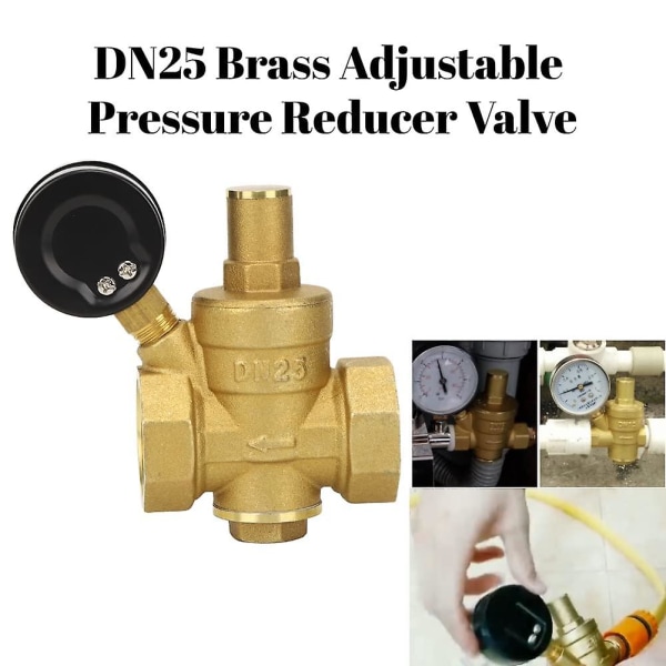 Nineclouds DN25 justerbar vattentrycksreduceringsregulator, vattentrycksreduceringsventil i mässing + tryckmätare vattentrycksmätare (dn25)