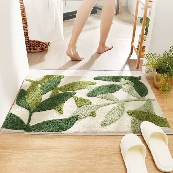 Bademåtte, absorberende, skridsikker, blødt og hudvenligt badeværelsestæppe, grønt bladmønster, 45 x 65 cm
