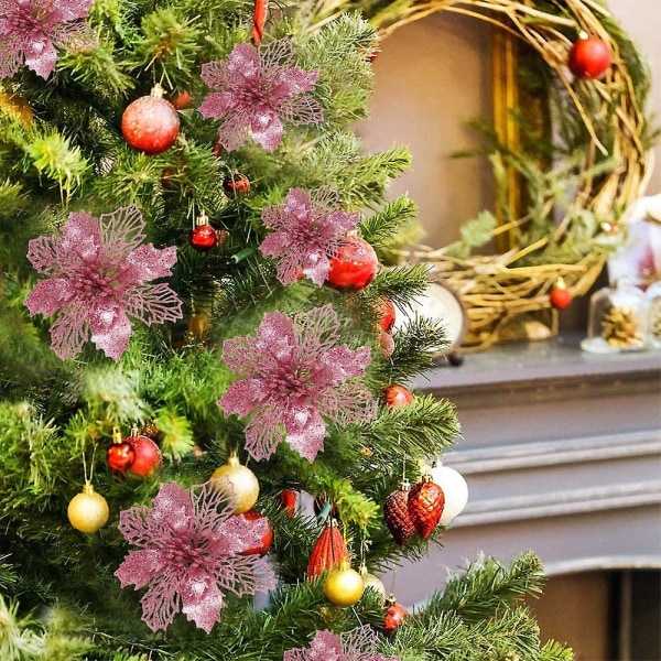 24 st julblommor dekoration, julgransprydnader glitter julstjärna, konstgjorda blommor julstyle6Pink