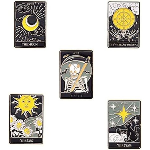 Tarot-korttien emalinen rintaneulasetti Auringossa/ Kuussa/ Tähdessä/ Onnenpyörässä/ Kuolemassa - ennustavat rintaneulat tarvikkeena reppuihin, merkkeihin ja hattuihin