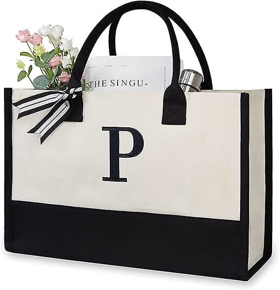 Personlig Initial Canvas Strandtaske, Monogrammet Gave Tote Taske Til Kvinder