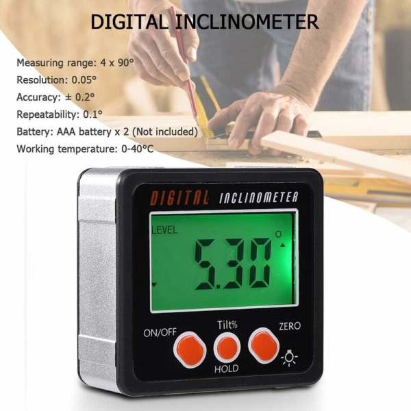 Digital vinkelmätare, digital elektronisk vattenpasslåda med magnetbas, mätverktyg, svart