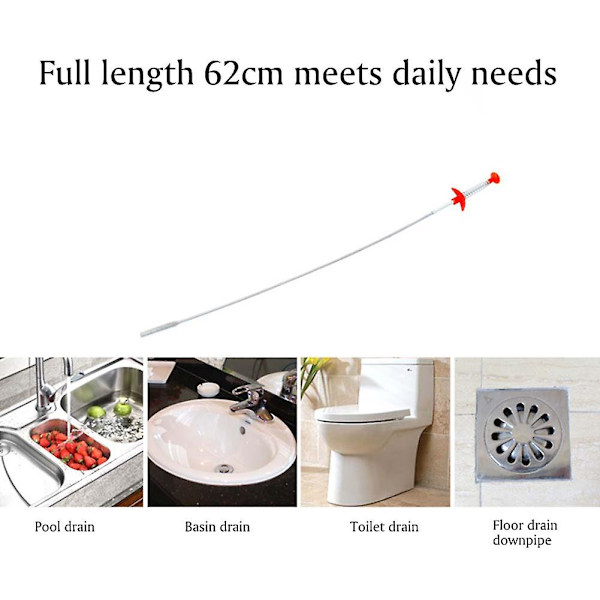 60cm silver avloppsrensare med klor, flexibel rostfritt stål avfallssamlare för kök badrum handfat, avlopp och rörrengöring