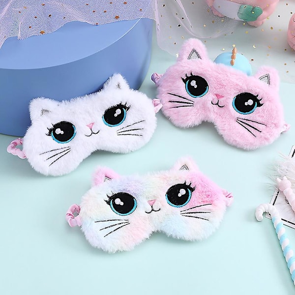 3 st söta sovmasker för barn, ögonmask för barn, mjuk, lätt, plysch, rolig djurmask, ögonbindel (katt)