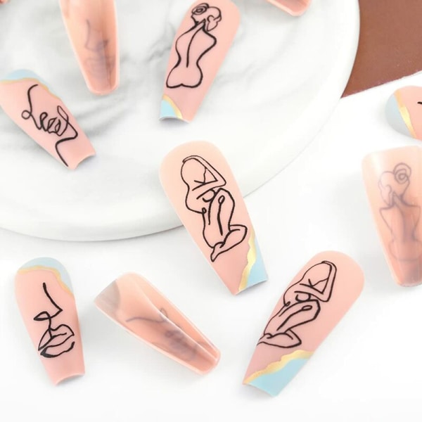 Kista False Nails Lång False Finger Gel Rosa Matt Press on Nails Ballerina Abstrakt Akryl Nails Gel Stick Pack med 24 för kvinnor och flickor (blå)