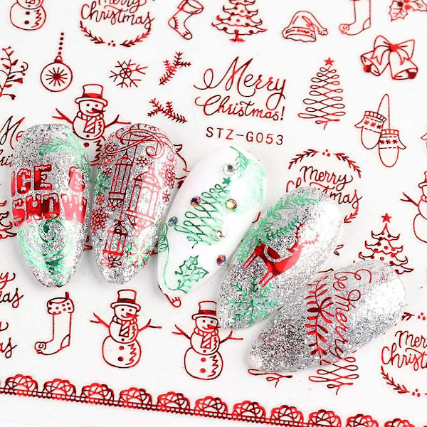 Julnaglar Dekaler - 2021 Nya 3D Snöflinga Nagelkonst Dekaler Metallisk Röd Snöflinga Älg Snögubbe Jultomte Träd Godis Självhäftande Nageldekor