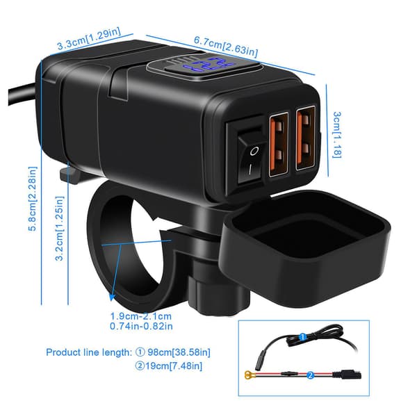 Motorcykelladdare 12v Dubbel USB-adapter Snabbladdning 3.0 Voltmeter Tillbehör (Blå)