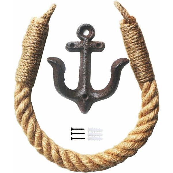 Nautical Rope Toalettpappershållare, Badrumshanddukshängare, Väggmonterad Gardinhållare, Metallankarkrok för Badrumsinredning med strandtema.