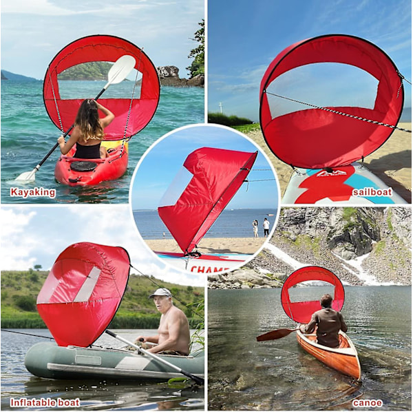 Hopfällbart segel för kajak, kanot, downwind, med transparent fönster, rött