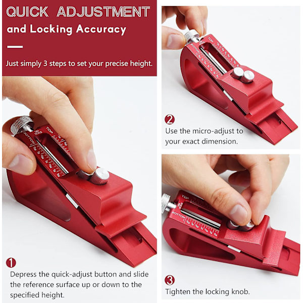 Justerbar höjdmätare för inställningsblock, Kingson Aluminium Precision Woodworking Tools, 1/64" till 1-1/16" räckvidd