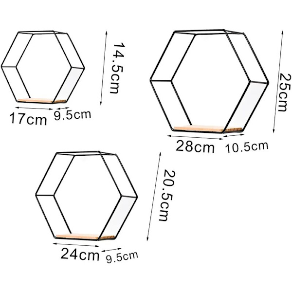 Monitoiminen pohjoismainen rautainen seinähylly Geometrinen kiinteä kuusikulmainen hylly kotiin Black M