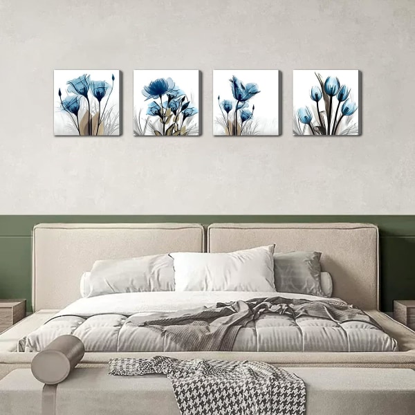 Blå canvas väggkonst för vardagsrum, modern blomram, badrumsvägg, 4-delad uppsättning