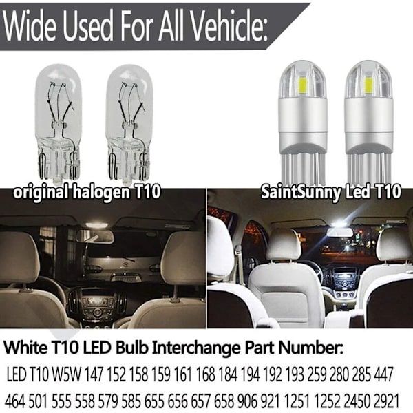 10 stk. T10 LED positionslys natlys 12v 6000K hvid, LED blinklys bil motorcykel mellemrum lyspanel pære