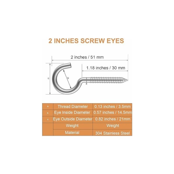 50 st 304 rostfritt stål kit takkrok skruvar krokögonskruvar för hemmakontor utomhusbelysningskrokar självgängande krokar (5,1 x 50 st)