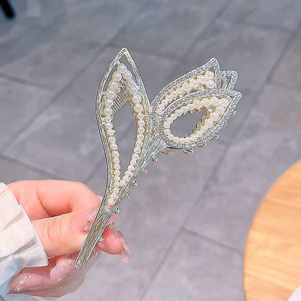 Hårklämma för kvinnor med pärlor och strass, halkfri (guld) 1 stycke