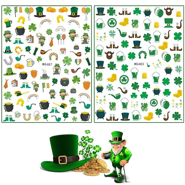 Självhäftande nagelkonstdekaler för St. Patrick's Day - Shamrocks, klöver, leprechauns, drakar, lycka till irländare