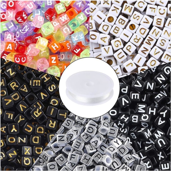 1400st 5-färgad akryl alfabetskubpärlor Bokstavspärlor med 1 rulle 50m kristallsnöre för smyckenstillverkning6mmB