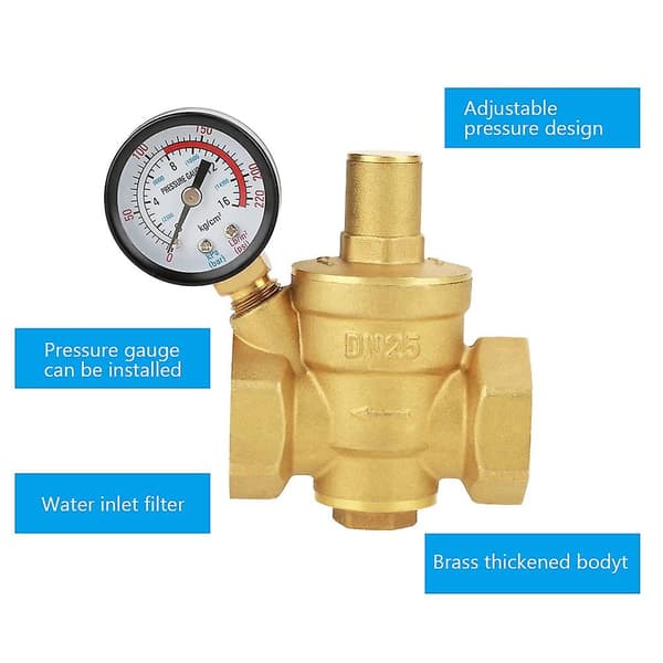 Nineclouds DN25 justerbar vattentrycksreduceringsregulator, mässingsvattentrycksreduceringsventil + tryckmätare vattentrycksmätare (dn25)