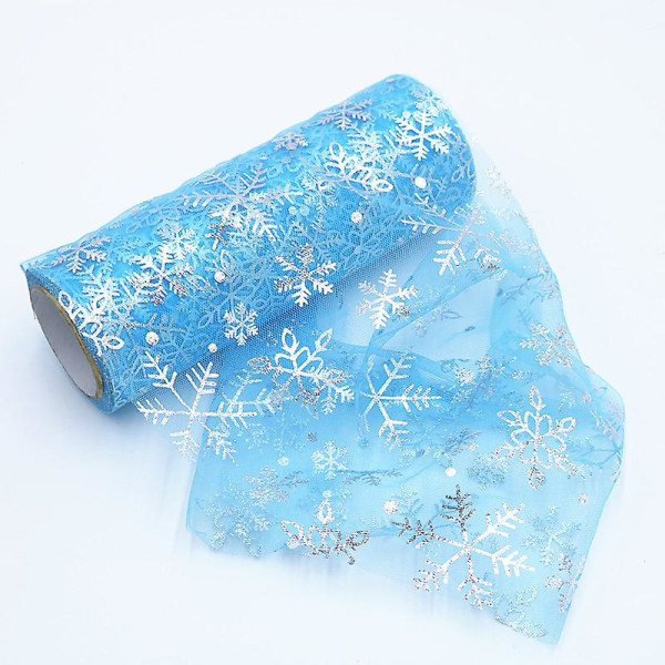 Tyllkaraktär, glitter, snöflinga, printed tyll, julbälte i blått mesh , 15cm*10m