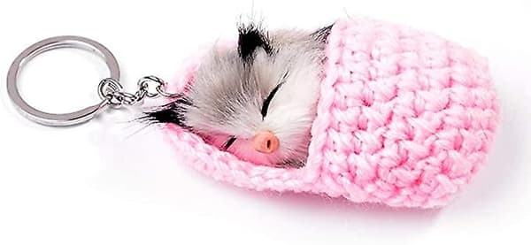 Söt sovande Pom Pom katt nyckelring handvävd fluffig bil nyckelring rosa