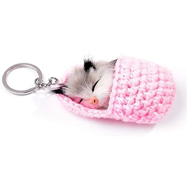 Söt sovande Pom Pom katt nyckelring handvävd fluffig bilnyckelring rosa