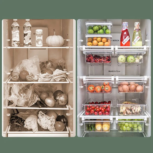 4-fack Organizer Låda Äggbricka Matbehållare Förvaringslåda Låda Utdragbar bricka Låda Space Saver Kök Organizer