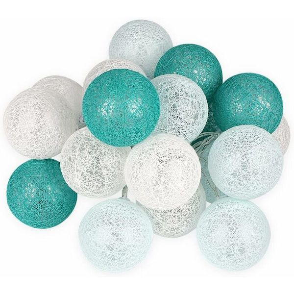 Inomhus ljusslinga - Girlang av ullbollar i turkos - 3 m - LED - Dekorativ - Batteridriven - Mintgrön - Diameter: 6 cm