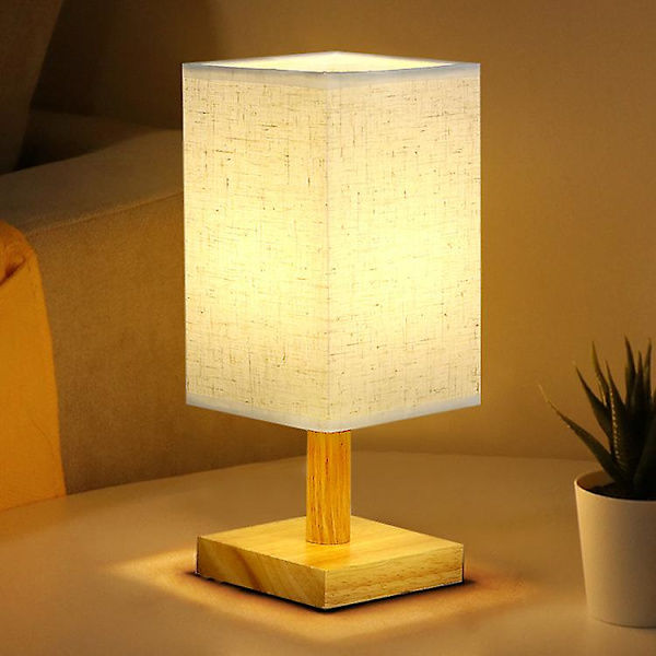 Liten bordslampa för sovrum - Sänglampor för nattduksbord, minimalistisk sängbordslampa i massivt trä med fyrkantig tygskärm, skrivbordslampa