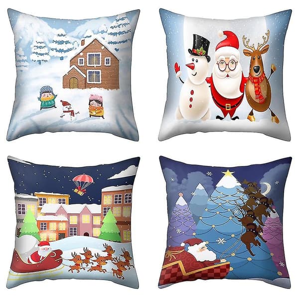 Jultryckt Kuddfodral Polyester Soffa Bil Kuddeöverdrag Heminredning 4st
