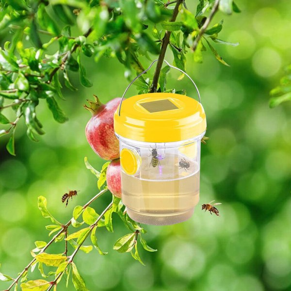 Pakke med 2 solcelle hvepsefælder hængende, solcelledrevet hvepsedræber med UV LED lys, genanvendelig bifanger udendørs til gedehamse, gul