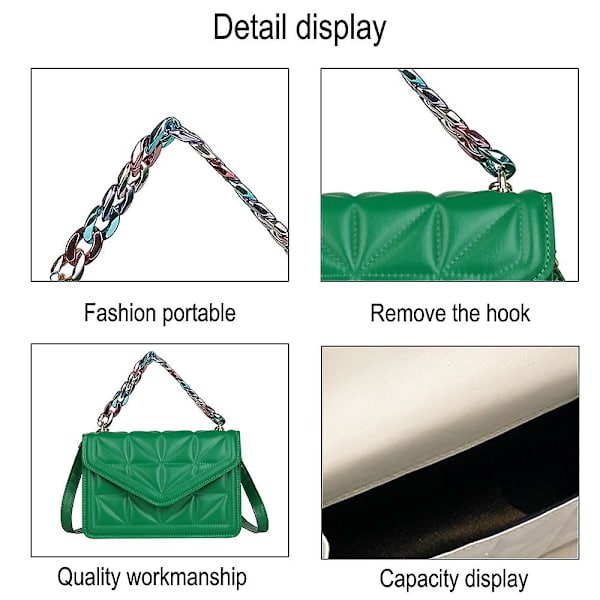Handväska för kvinnor, clutch, justerbar kedja quiltad crossbodygrön