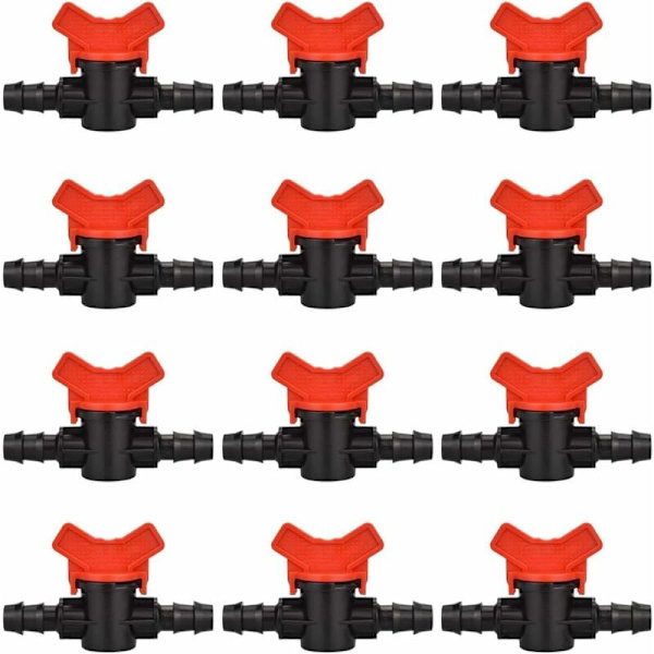 12 stk. slangehane til have, slangevandingsventil 16 16mm stopventil plastikfitting til udendørs kontrol af havevandventil (sort+rød)