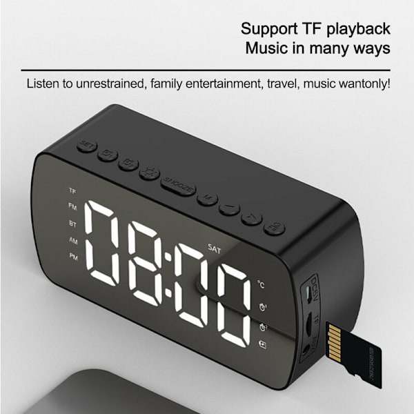 LED-spegel Digital väckarklocka Big Time Display Bord Väckarklocka Trådlös högtalare Subwoofer Musikspelare Bluetooth stöd (svart)