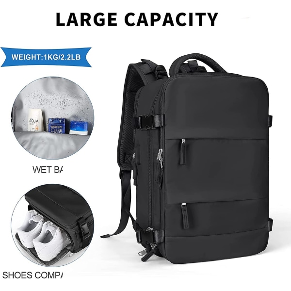 Stor reseryggsäck, handbagage, studentryggsäck, vattentät utomhussportryggsäck svart